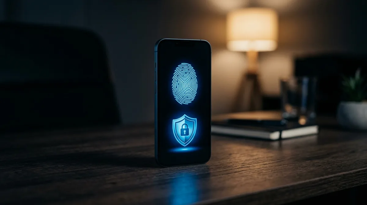 Celular exibindo ícone de impressão digital e escudo, proteção da conta com dois fatores