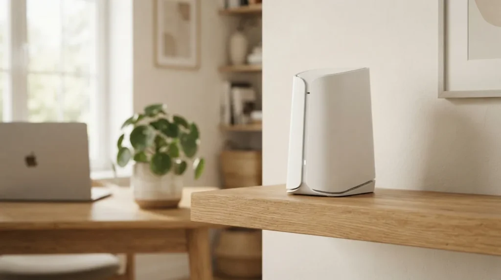 Roteador wifi branco moderno sobre prateleira de madeira em sala iluminada com laptop ao fundo