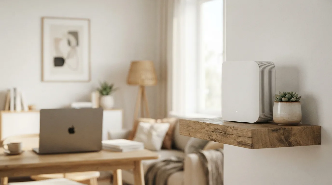 Roteador wifi branco sobre prateleira de madeira em ambiente doméstico claro e minimalista