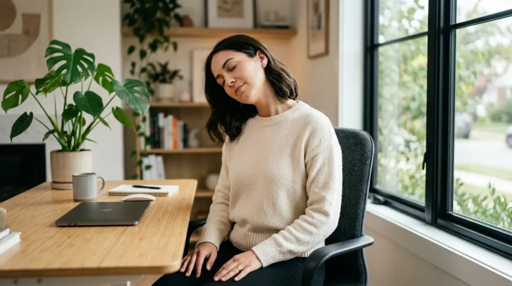 Pessoa sentada na cadeira do home office fazendo um alongamento suave de pescoco e ombros