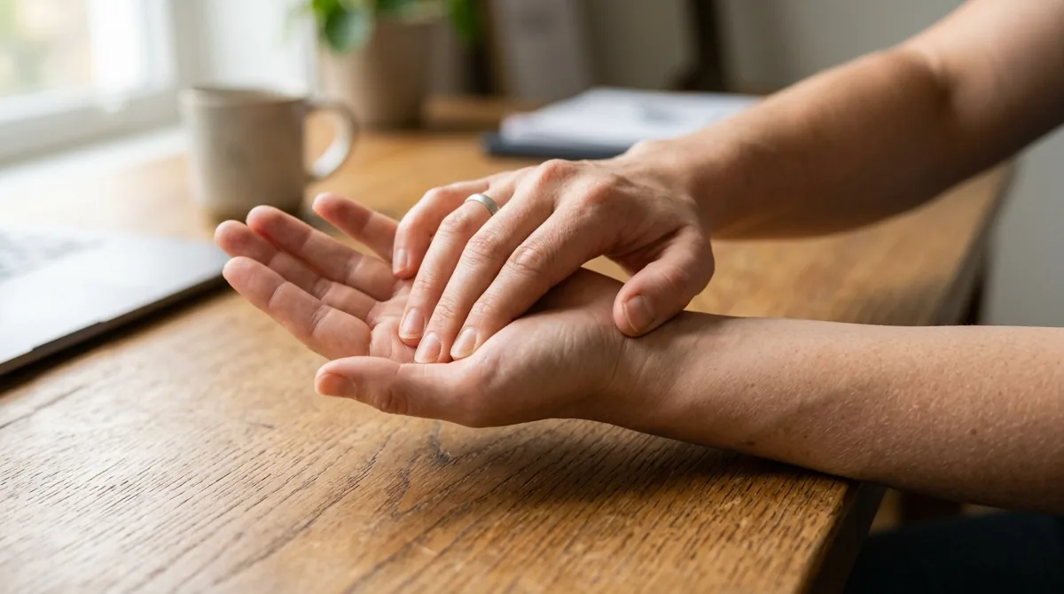 Close das maos fazendo um alongamento de punho apoiadas na mesa de trabalho