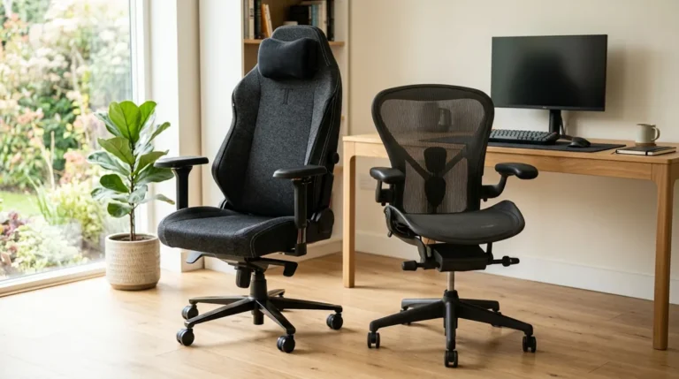Uma cadeira gamer e uma cadeira de escritório lado a lado em um home office para comparação
