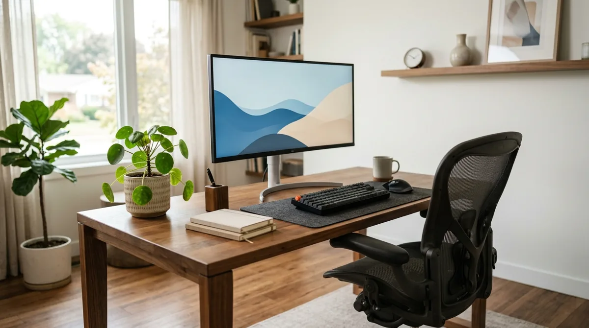 Mesa de home office bem montada com uma cadeira ergonômica de encosto alto
