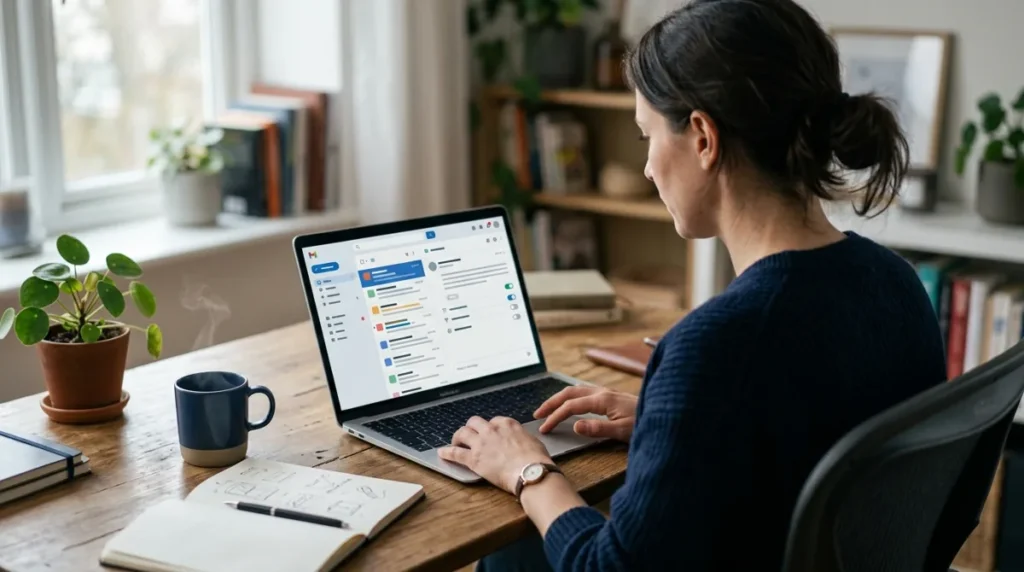 Pessoa configurando o e-mail no notebook, com a interface de um cliente de e-mail na tela