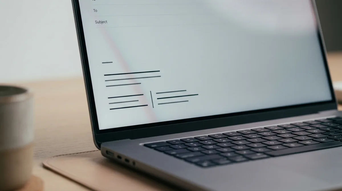 Close da tela de um notebook mostrando um bloco de assinatura de e-mail com linhas de contato