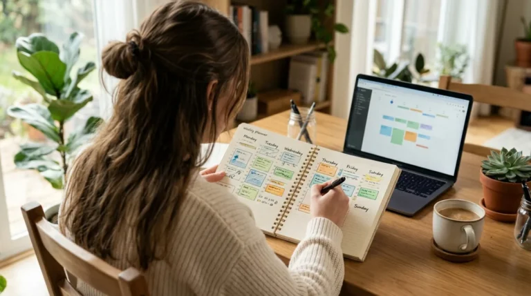 Pessoa planejando a semana com uma agenda de papel e um calendário na tela do notebook
