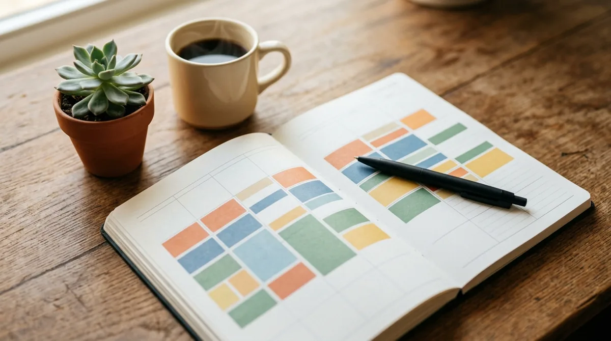 Agenda de papel com blocos de horário coloridos organizando as tarefas da semana