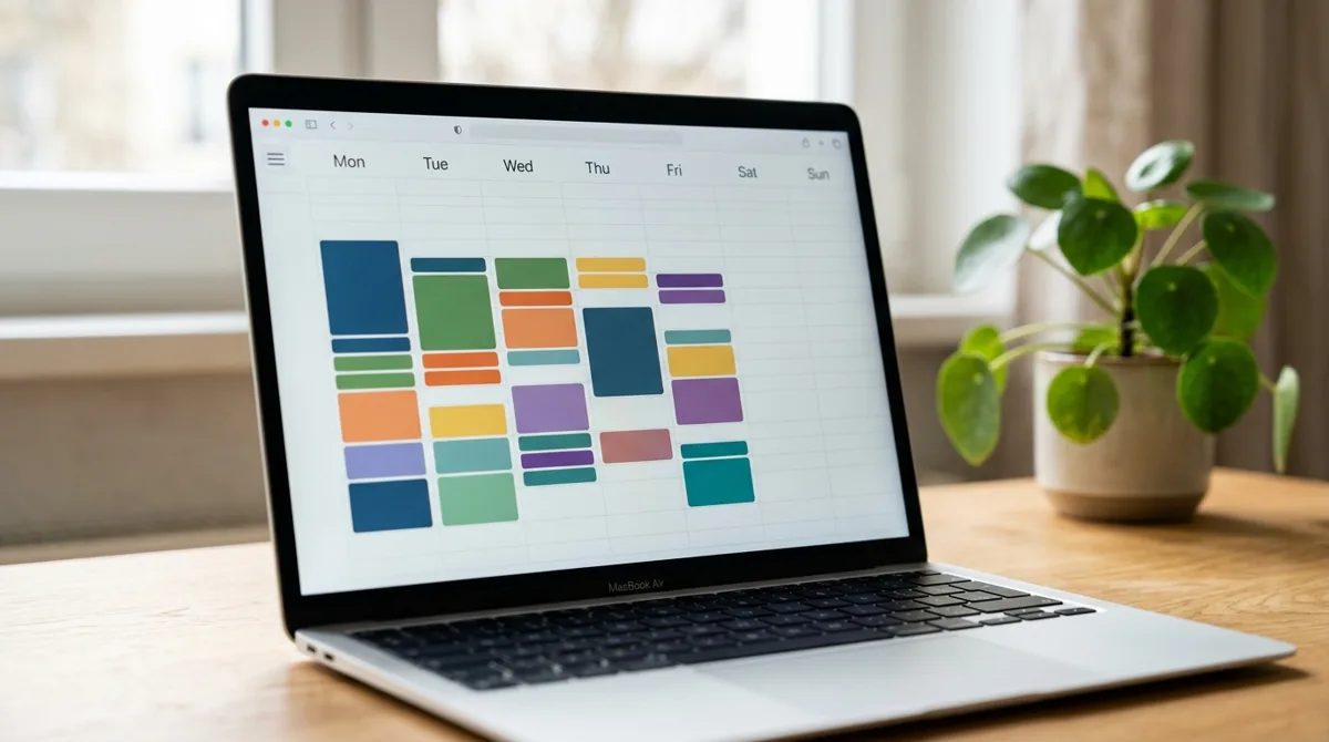 Tela de notebook mostrando um calendário com blocos coloridos de compromissos