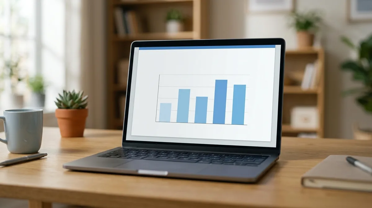 Tela de notebook mostrando um slide limpo com um gráfico simples e pouco texto