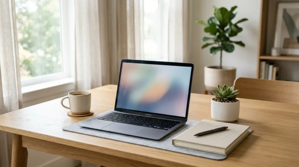Mesa de trabalho organizada e limpa com notebook, planta e poucos itens essenciais
