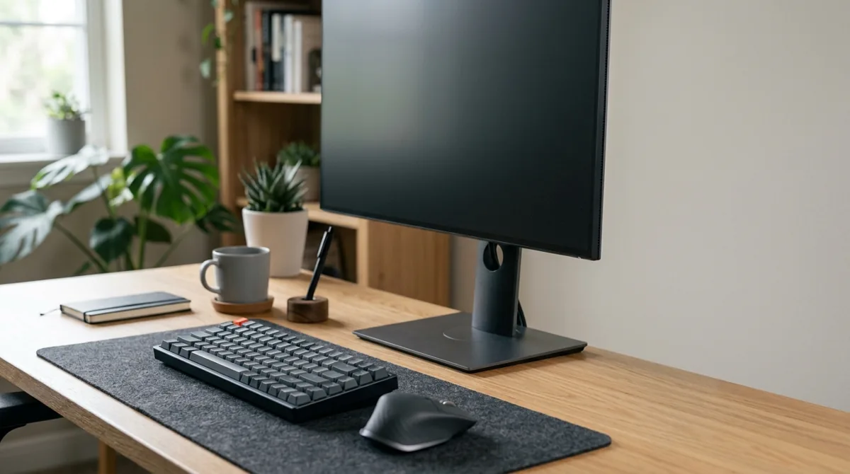Mesa com os cabos organizados e presos atrás do monitor, sem emaranhado à vista