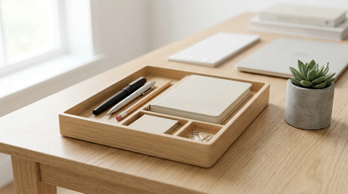 Organizador de mesa com canetas e itens essenciais arrumados sobre a mesa de trabalho