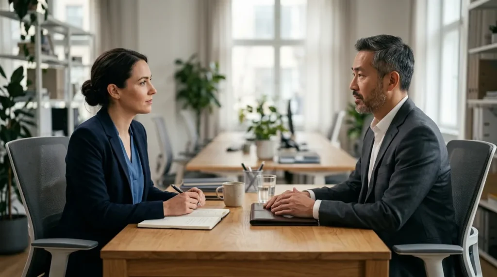 Duas pessoas conversando em uma mesa de escritório em uma reunião profissional tranquila