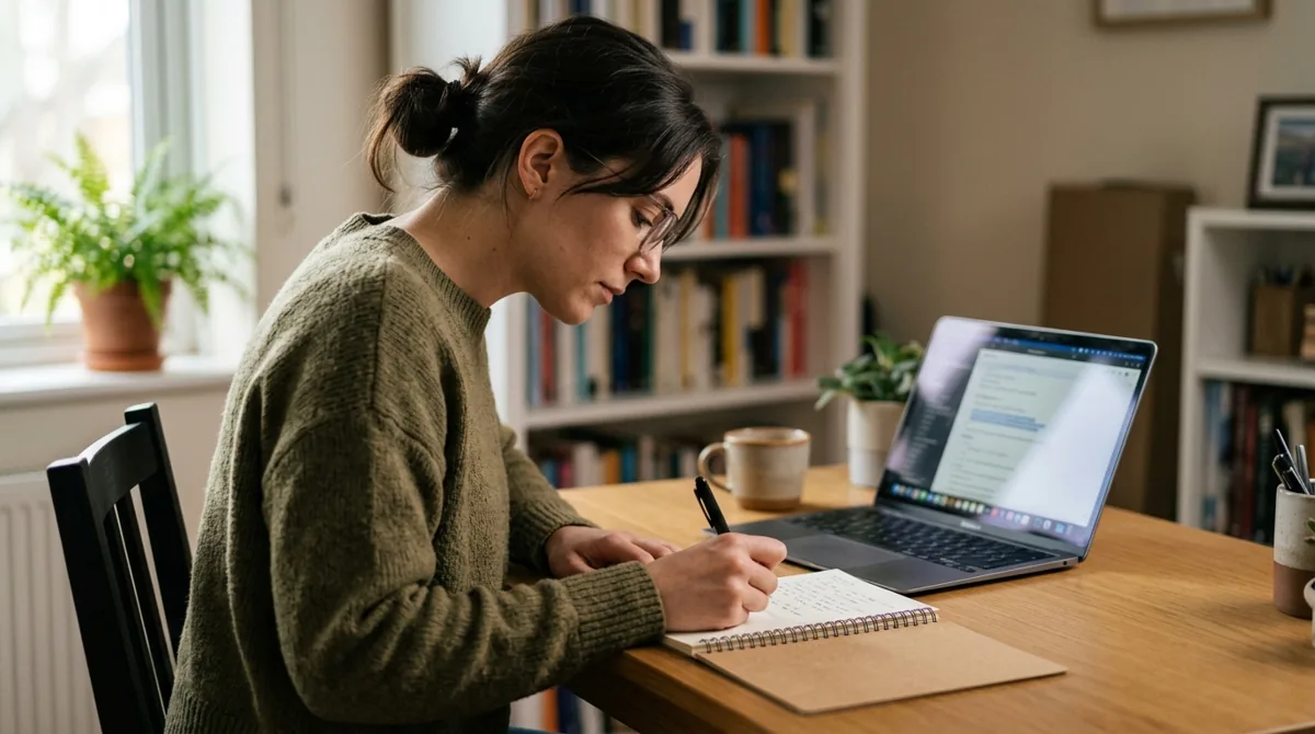 Pessoa vista de lado preparando anotações e dados em um caderno ao lado do notebook