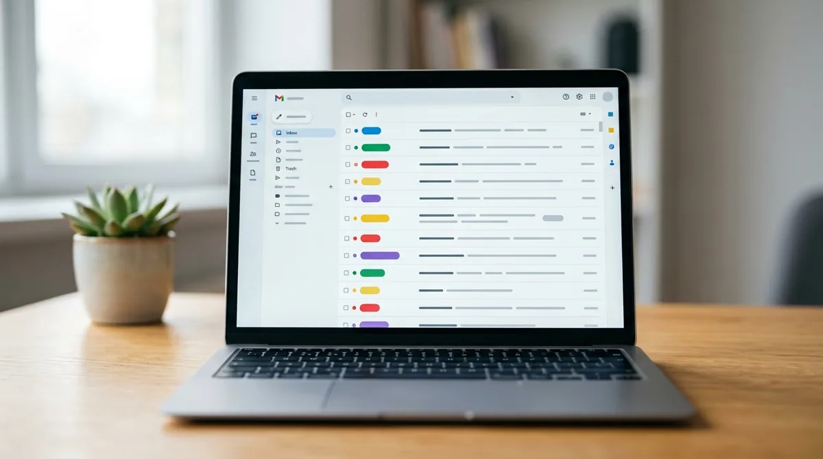 Tela de notebook mostrando uma caixa de entrada de e-mail com marcadores coloridos