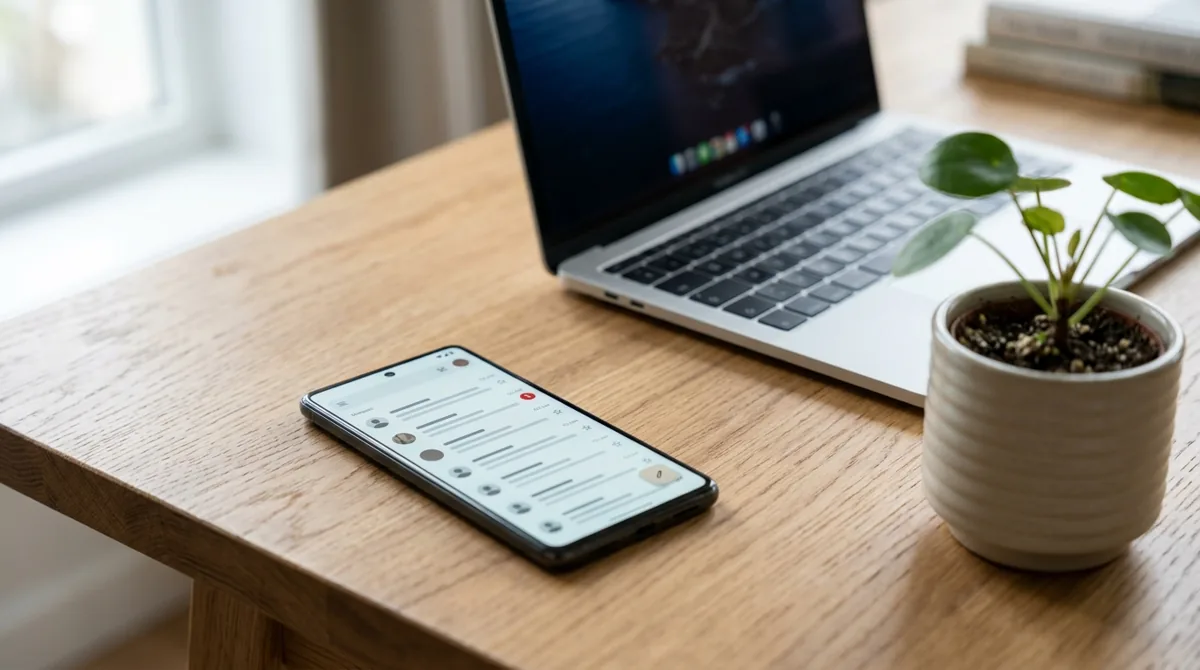 Celular exibindo o aplicativo de e-mail com uma nova mensagem sobre a mesa