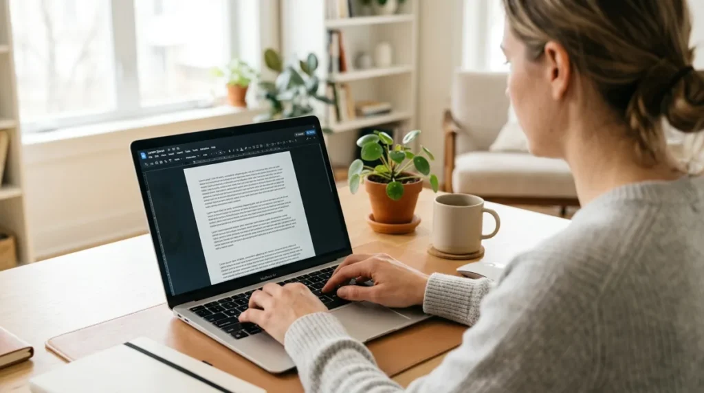 Pessoa editando um documento de texto no notebook, com a interface do editor na tela