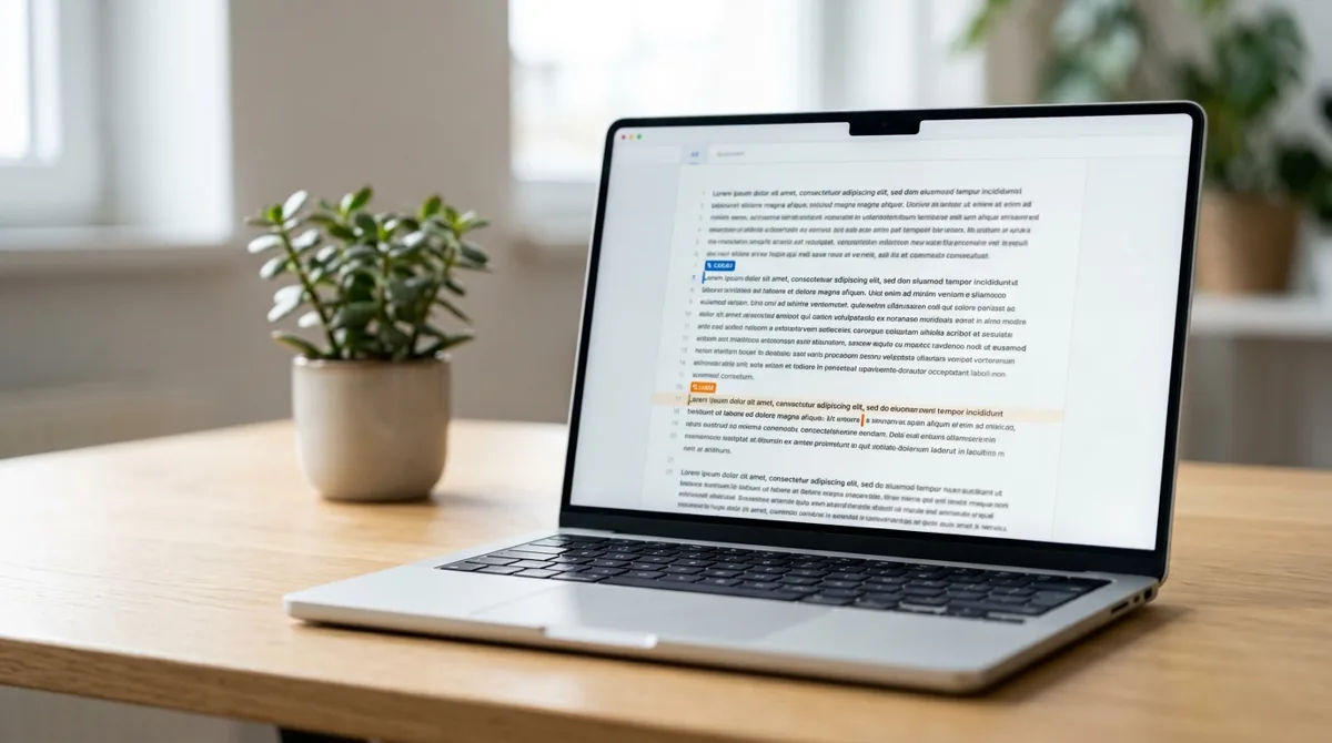 Tela de notebook mostrando um documento de texto com dois cursores de edição colaborativa
