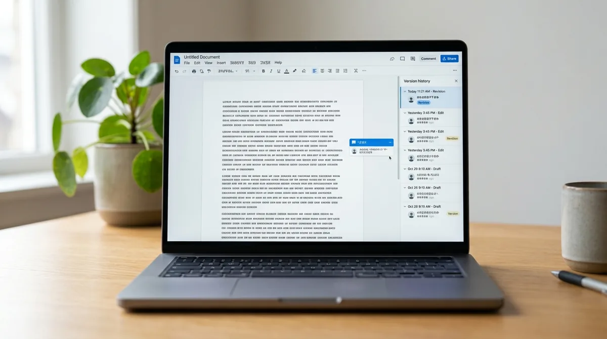 Tela de notebook mostrando um comentário na margem de um documento e o histórico de versões