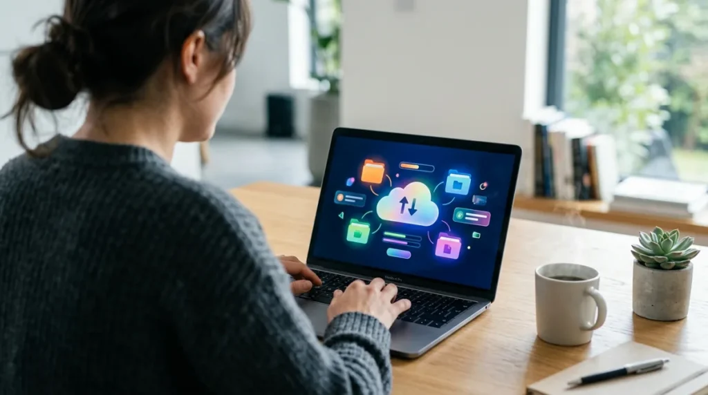 Pessoa em um notebook com uma interface de armazenamento em nuvem e pastas de arquivos na tela