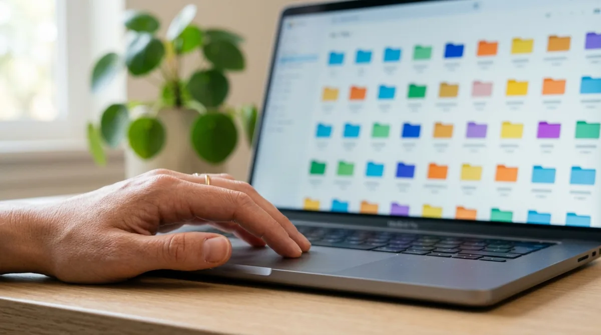 Tela de notebook mostrando pastas organizadas em uma interface de nuvem sobre uma mesa clara