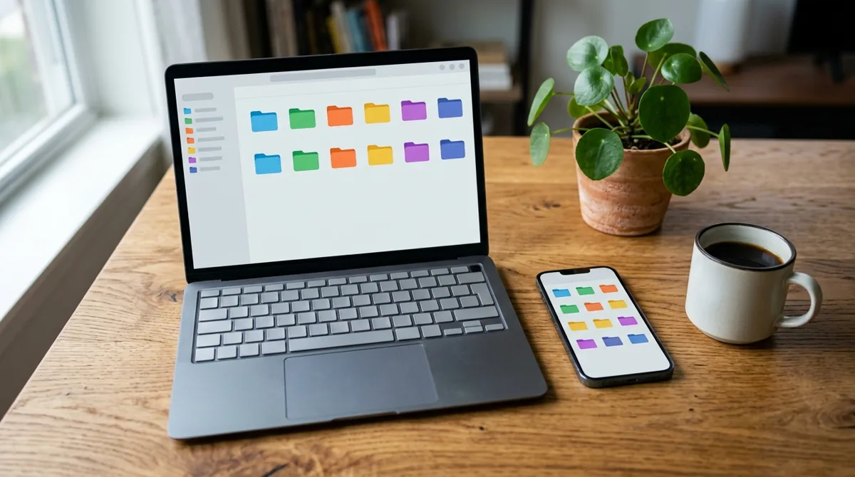 Notebook e celular lado a lado sincronizando os mesmos arquivos em nuvem sobre a mesa