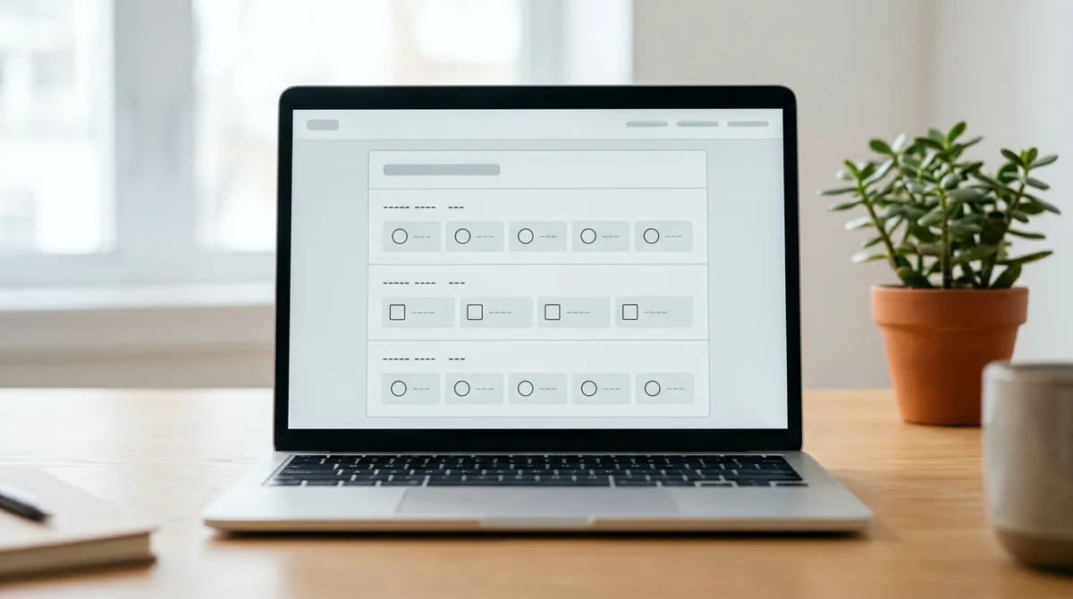 Tela de notebook mostrando um formulário com blocos de pergunta e opções de múltipla escolha