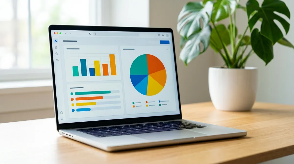 Tela de notebook mostrando um painel de respostas com gráficos de barras e pizza