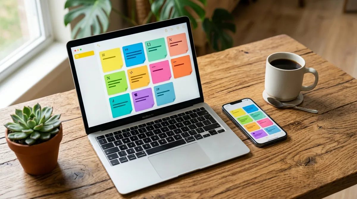 Notebook e celular lado a lado exibindo as mesmas notas coloridas sincronizadas