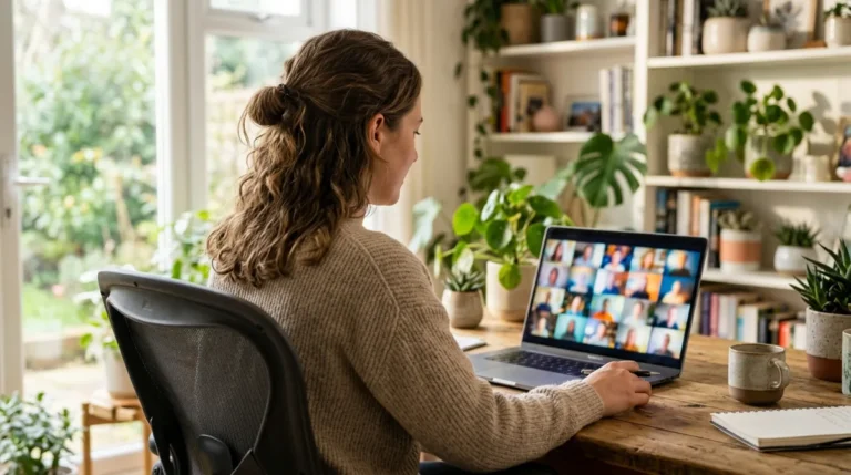 Pessoa em uma videochamada no notebook, com uma grade de participantes na tela do home office