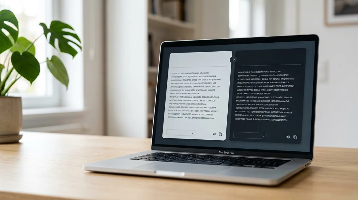 Tela de notebook com uma tradução lado a lado, texto de origem e texto traduzido