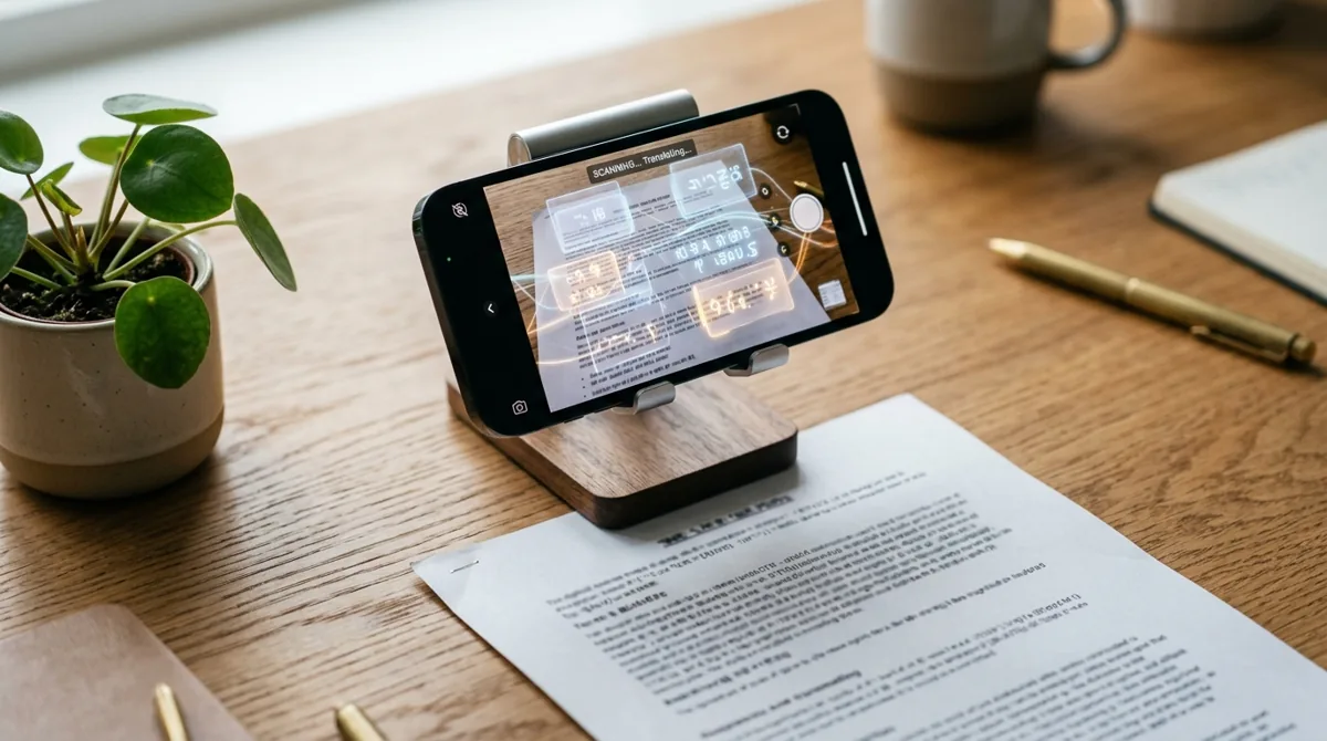 Celular sobre a mesa traduzindo o texto de um cartão pela câmera