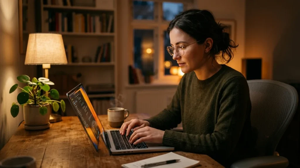 Pessoa de óculos trabalhando no notebook à noite com a luz da tela em tom mais quente