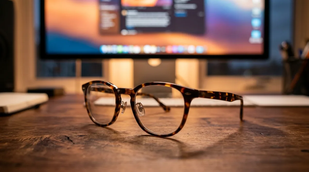Óculos com filtro de luz azul apoiados na mesa em frente a um monitor aceso