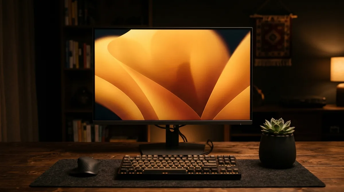 Monitor de computador exibindo a tela em tom quente do modo noturno em um quarto com pouca luz