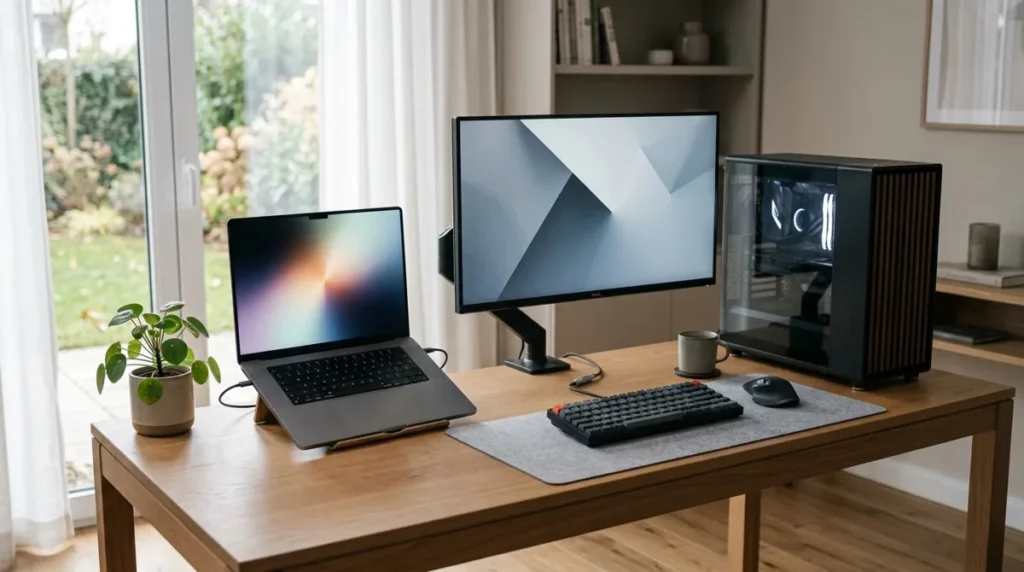 Mesa de home office com um notebook de um lado e um monitor de desktop do outro para comparacao