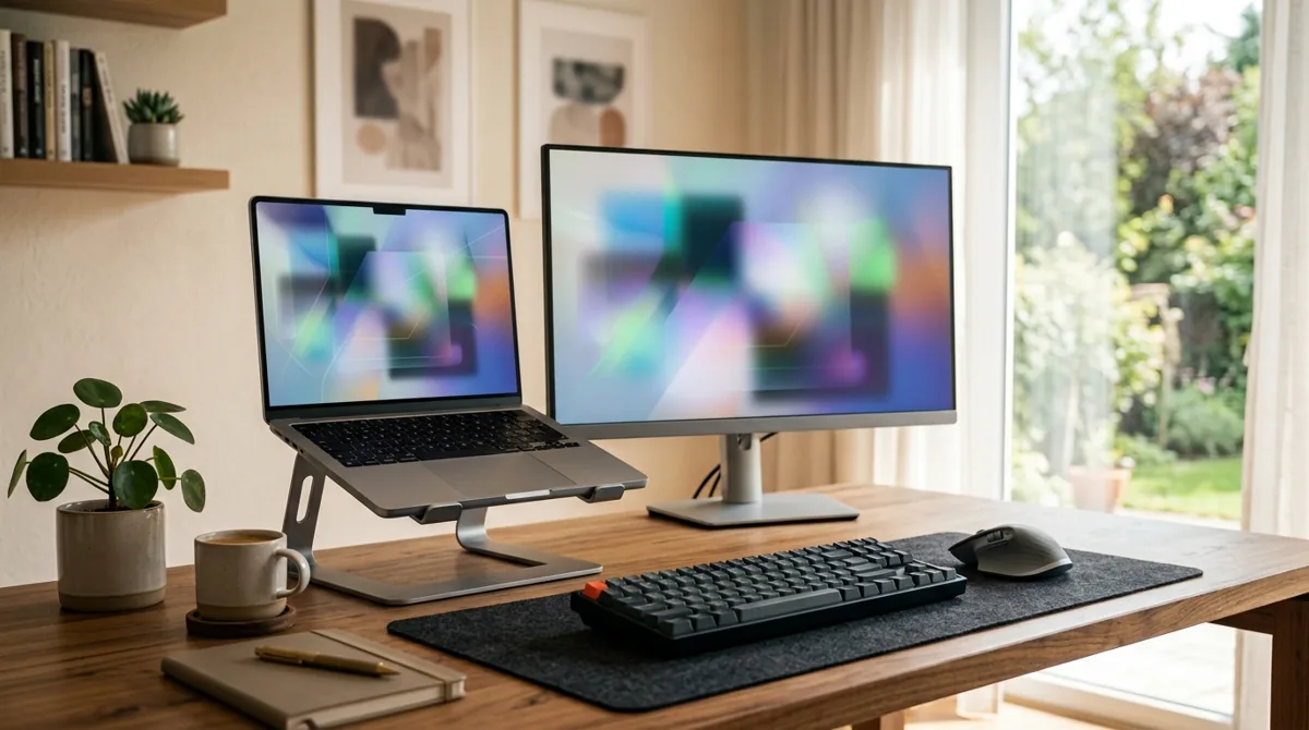 Notebook sobre um suporte ligado a um monitor externo e teclado em uma mesa de home office