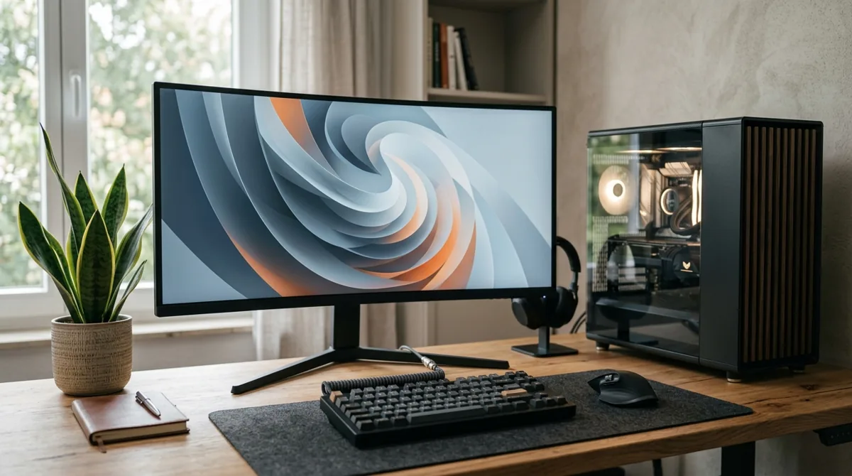 Setup de desktop com torre, monitor grande e teclado em uma mesa de home office