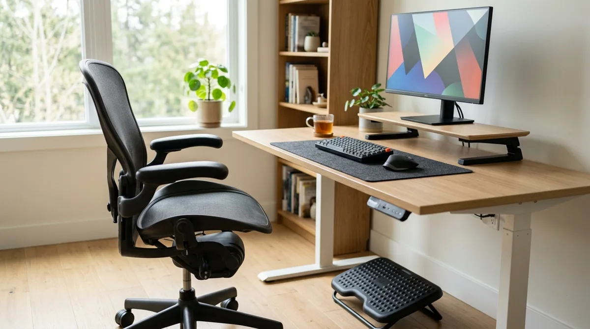Vista lateral de uma estação de trabalho ergonômica com cadeira, tela e pés apoiados