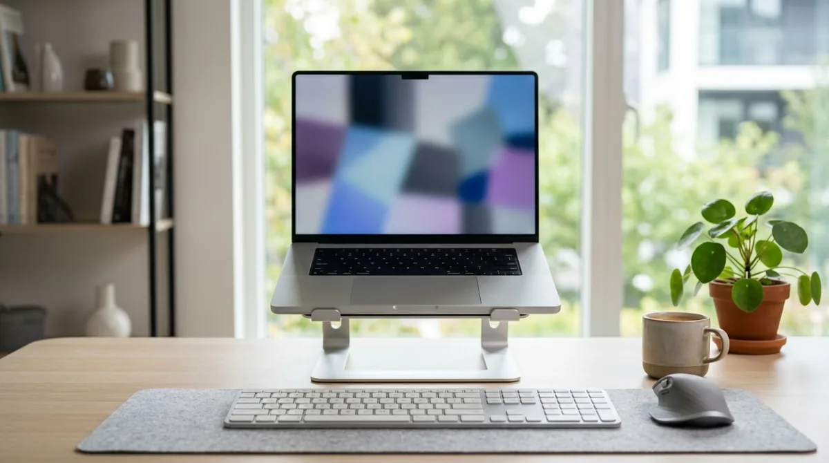 Notebook elevado em um suporte com teclado e mouse externos sobre a mesa