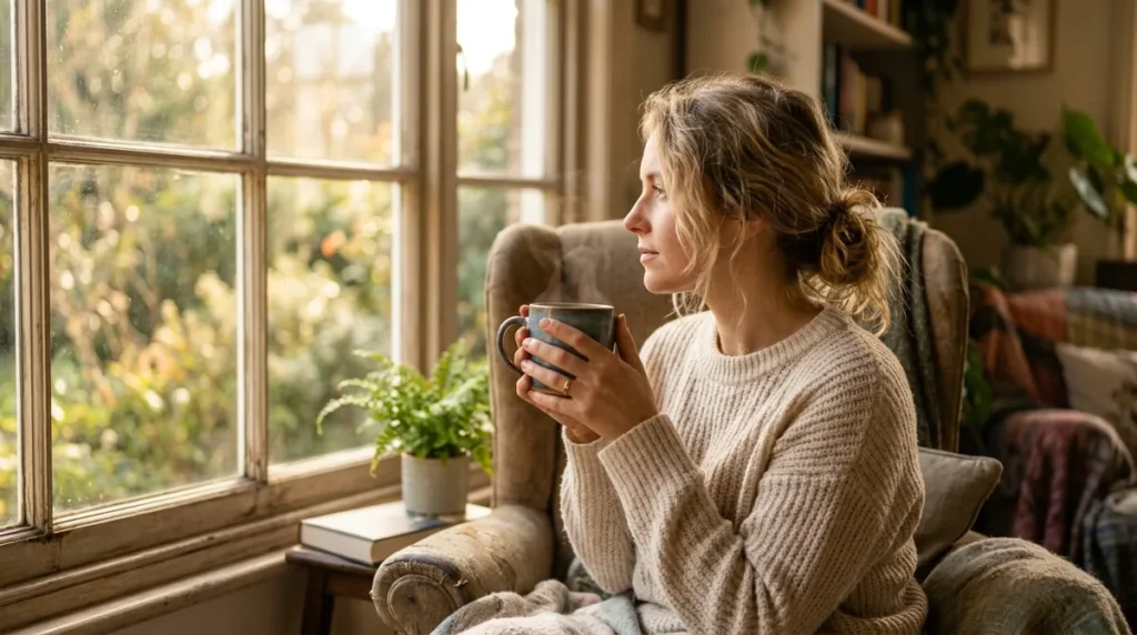 Pessoa começando a manhã perto da janela com luz natural suave e uma xícara de café