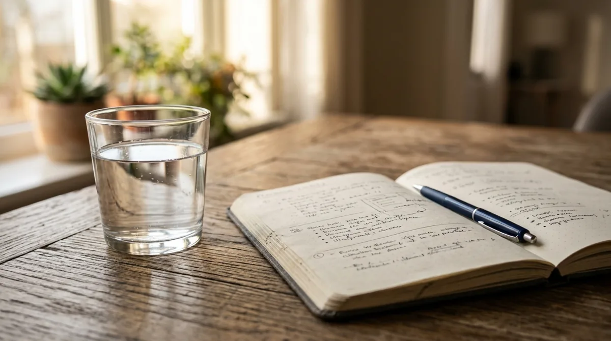 Copo de água e um caderno de planejamento sobre a mesa em uma manhã de luz suave