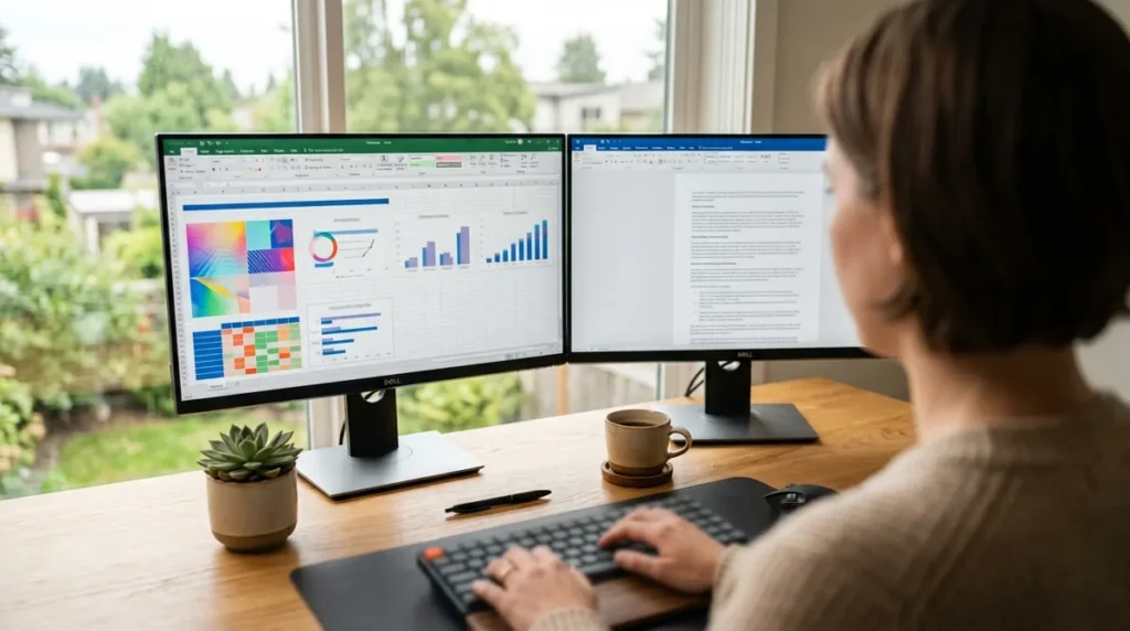Home office com dois monitores lado a lado, um com planilha e outro com documento aberto