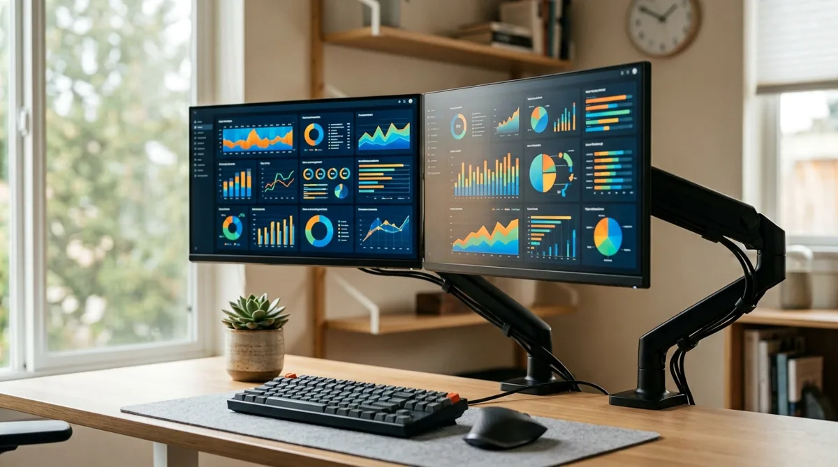 Dois monitores na altura dos olhos em bracos articulados sobre a mesa, com teclado e mouse