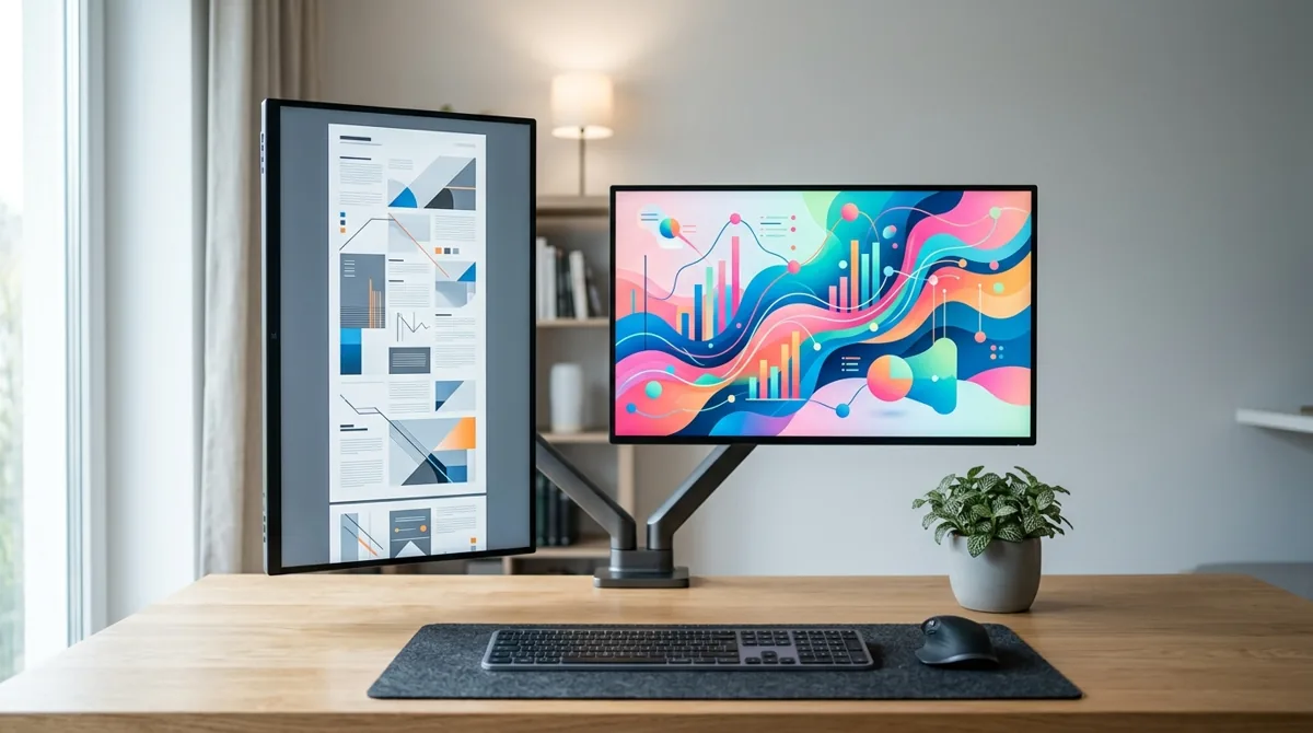 Mesa com um monitor na vertical mostrando um documento e outro na horizontal com um grafico
