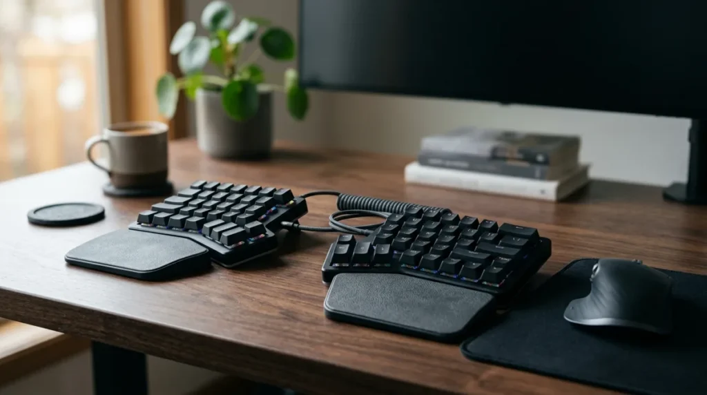 Teclado ergonômico dividido em dois blocos sobre a mesa de um home office, com mouse ao lado