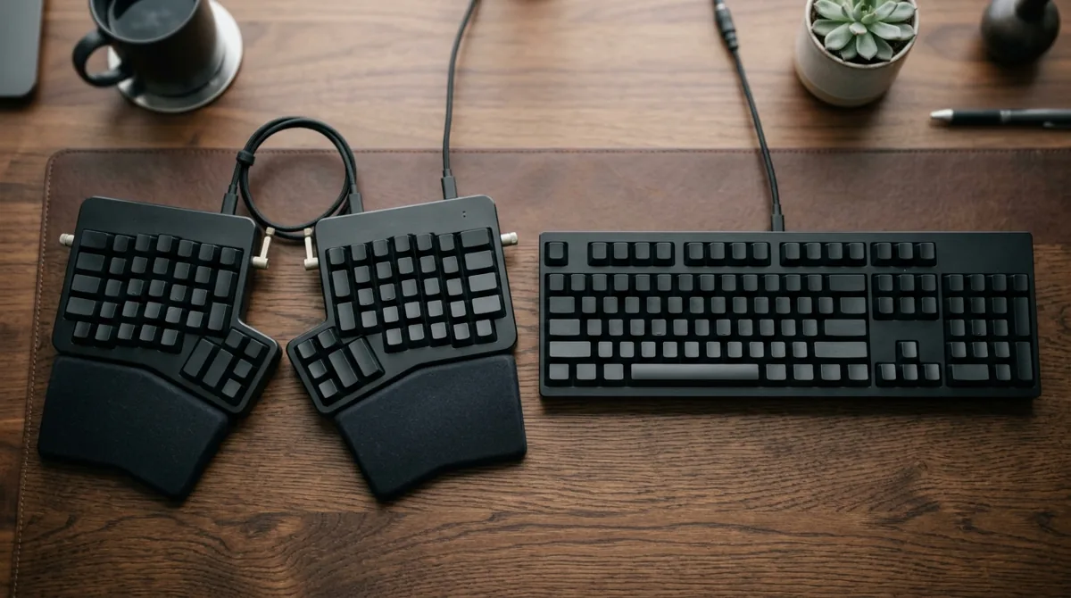 Um teclado ergonômico dividido ao lado de um teclado comum reto sobre a mesa para comparação