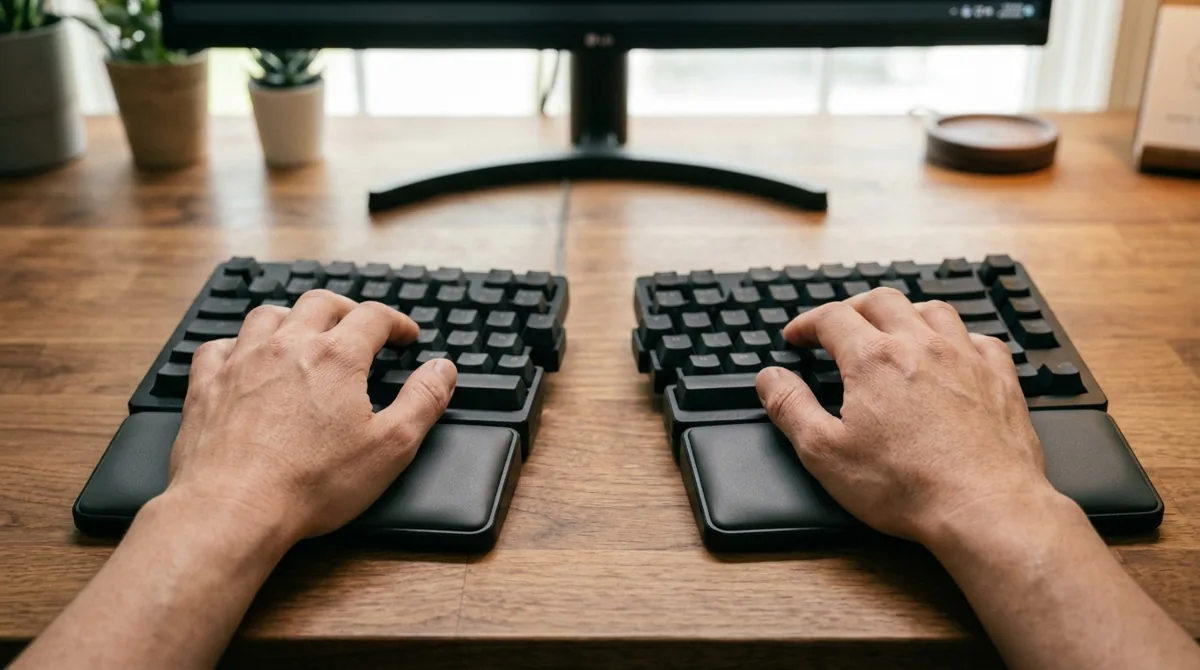 Close das palmas das mãos apoiadas no descanso de um teclado ergonômico com os punhos retos