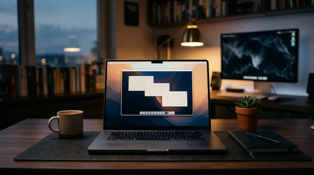 Notebook em home office mostrando na tela a área de trabalho de outro computador