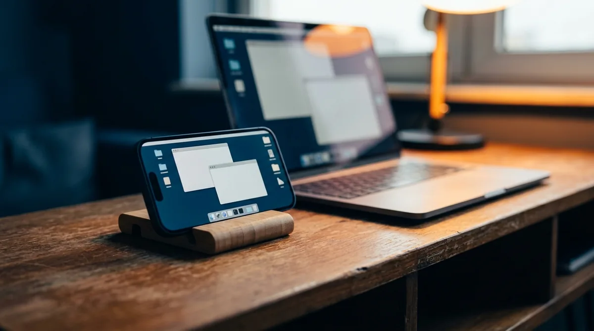 Celular em um suporte de madeira mostrando a tela de um computador, em frente a um notebook
